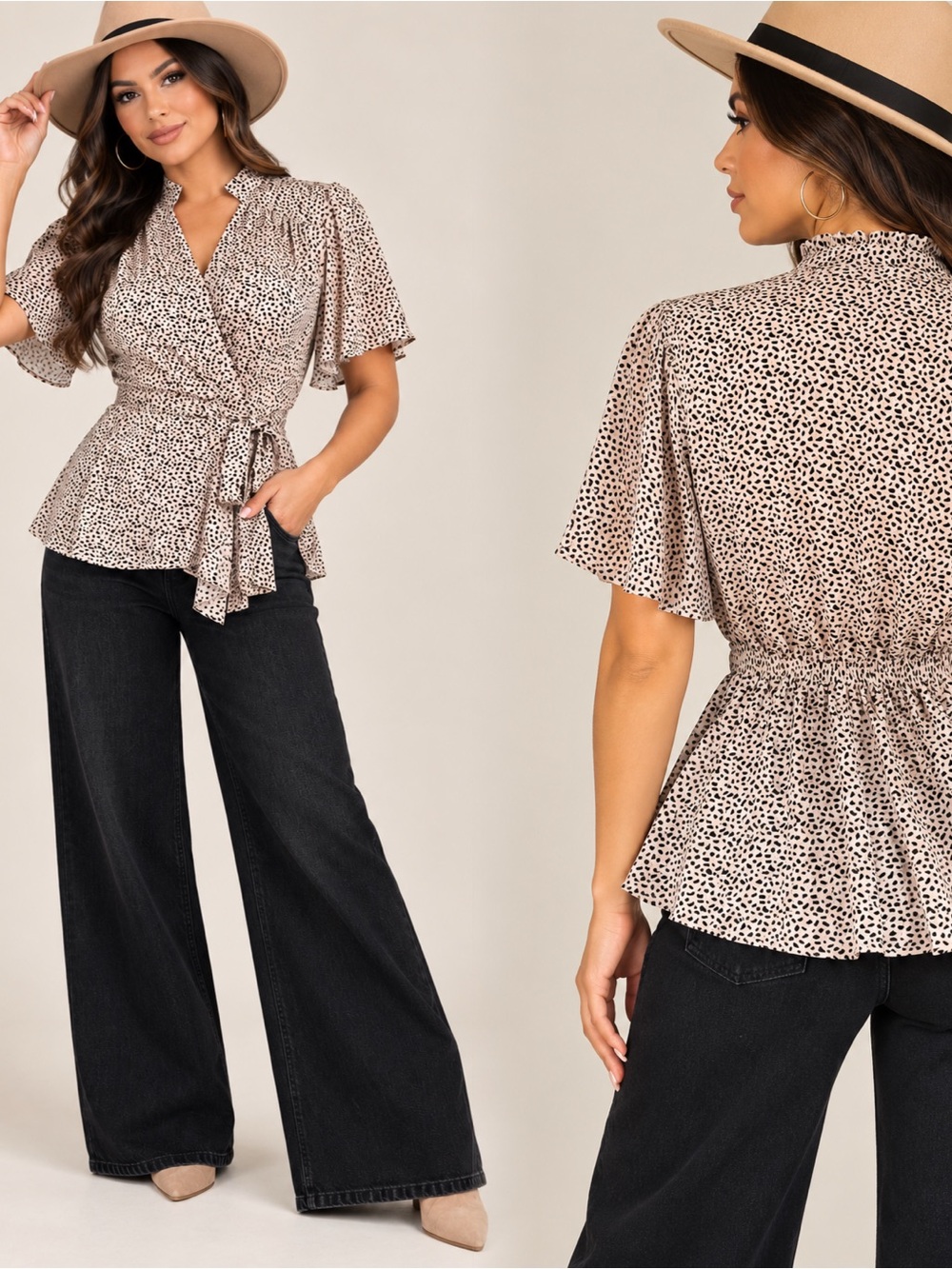 Monteau Beige and Black Speckled Wrap Peplum Blouse